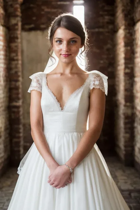 A stunning intricate full color portrait of  a  smiling woman,wearing a wedding dress, epic character composition,by ilya kuvshinov, alessio albi, nina masic,sharp focus, natural lighting, subsurface scattering, f2, 35mm, film grain   <lora:FoxyDi:1>