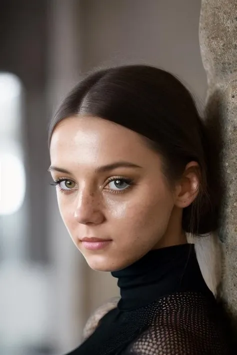 A stunning intricate full color portrait of  a woman, black turtleneck, shy, epic character composition,by ilya kuvshinov, alessio albi, nina masic,sharp focus, natural lighting, subsurface scattering, f2, 35mm, film grain  20 years old, beautiful  <lora:FoxyDi:1>