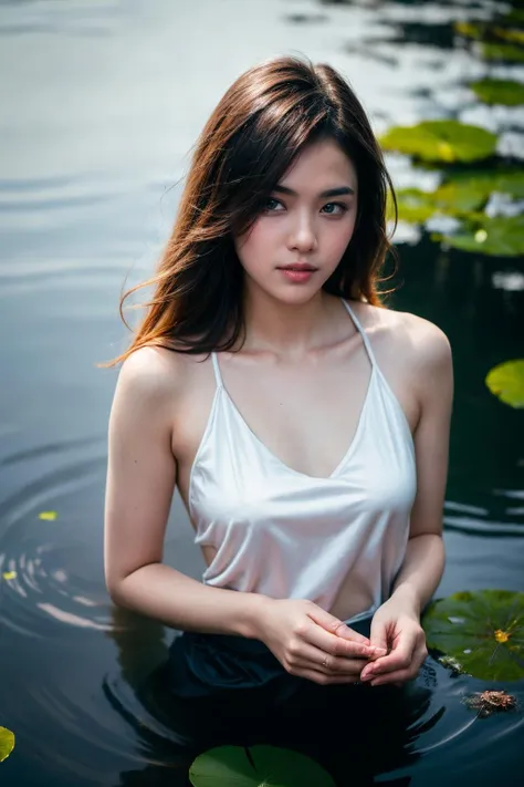 aoyem, (brown shirt), The woman's beauty can be enhanced by the reflection of the lotus flowers in the water. The vibrant colors of the lotus flowers can also add to the beauty of the scene, creating a harmonious blend of colors, RAW photo,(high detailed skin:1.2), 8k uhd, dslr, soft lighting, high quality, film grain, photorealistic, photo art, flower, a stunning photo with beautiful saturation, ultra high res,(realistic:1.4)),deep shadow,(best quality, masterpiece), pale skin, dimly lit, shade, flustered, blush, highly detailed, skinny, BREAK depth of field, film grain, wrinkled skin, looking at viewer, knee, warm smile, (upper body), masterpiece,ultra realistic,32k,extremely detailed CG unity 8k wallpaper, best quality
 <lora:aoyem_SDLife_chiasedamme_v01:0.68> <lora:add_detail:0.3>  <lora:more_details:0.3>