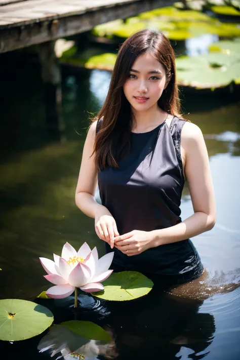 aoyem, (brown shirt), The woman's beauty can be enhanced by the reflection of the lotus flowers in the water. The vibrant colors of the lotus flowers can also add to the beauty of the scene, creating a harmonious blend of colors, RAW photo,(high detailed skin:1.2), 8k uhd, dslr, soft lighting, high quality, film grain, photorealistic, photo art, flower, a stunning photo with beautiful saturation, ultra high res,(realistic:1.4)),deep shadow,(best quality, masterpiece), pale skin, dimly lit, shade, flustered, blush, highly detailed, skinny, BREAK depth of field, film grain, wrinkled skin, looking at viewer, knee, warm smile, (upper body), masterpiece,ultra realistic,32k,extremely detailed CG unity 8k wallpaper, best quality
<lora:aoyem_SDLife_chiasedamme_v01:0.75> <lora:add_detail:0.2> <lora:more_details:0.2>