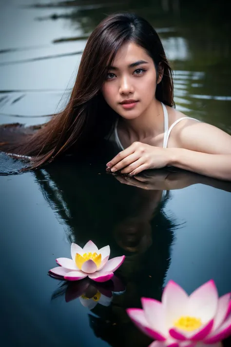 aoyem, (brown shirt), The woman's beauty can be enhanced by the reflection of the lotus flowers in the water. The vibrant colors of the lotus flowers can also add to the beauty of the scene, creating a harmonious blend of colors, RAW photo,(high detailed skin:1.2), 8k uhd, dslr, soft lighting, high quality, film grain, photorealistic, photo art, flower, a stunning photo with beautiful saturation, ultra high res,(realistic:1.4)),deep shadow,(best quality, masterpiece), pale skin, dimly lit, shade, flustered, blush, highly detailed, skinny, BREAK depth of field, film grain, wrinkled skin, looking at viewer, knee, warm smile, masterpiece,ultra realistic,32k,extremely detailed CG unity 8k wallpaper, best quality
 <lora:aoyem_SDLife_chiasedamme_v01:0.82> <lora:add_detail:0.2>  <lora:more_details:0.2>