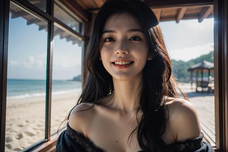 (masterpiece), best quality, ultra high res, close up, sexy pose, slim body, 1girl,long hair, laughing, cabin, sunlight, beach sky sea background, photon mapping, radiosity, physically-based rendering, cinematic lighting, intricate, High Detail, Sharp focus, dramatic, photorealistic