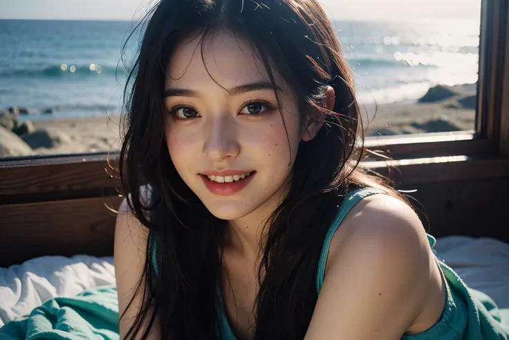 Dive into the depths of imagination with a stunning portrait of a flirting eyes and smiling sea nymph, adorned with shimmering scales and cascading locks of seaweed hair, extremely high quality, HD resolution, mesmerizing images