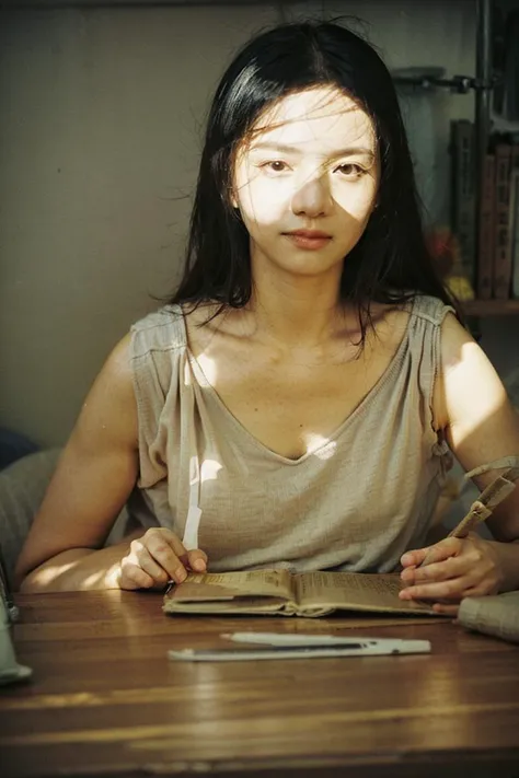 (RAW photo, best quality), (realistic, photo-realistic:1.3), extremely delicate and beautiful, Amazing, finely detail, masterpiece, ultra-detailed, highres,best illustration, best shadow,intricate,depth of field, A beautiful girl wearing a brown knit bottom is reading a book ,Smooth wooden table, Center the composition, Waist Shot, beautiful lighting, Portrait Photography, 1girl,(long legs:1.4), sharp focus, volumetric fog, 8k UHD, DSLR, high quality,( film grain:1.4), Fujifilm XT3 <lora:amIReal_V2:1> <lora:FilmG2:1>, (RAW photo, best quality), (realistic, photo-realistic:1.3), extremely delicate and beautiful, Amazing, finely detail, masterpiece, ultra-detailed, highres,best illustration, best shadow,intricate,depth of field, 1girl,(long legs:1.4),long hair,messy hair,((((low key,dark scene,dimly lit)))),fat,(((soft lighting:1.4))), (shy smile), sharp focus, volumetric fog, 8k UHD, DSLR, high quality,( film grain:1.4), Fujifilm XT3 <lora:amIReal_V2:1> <lora:FilmG2:1>