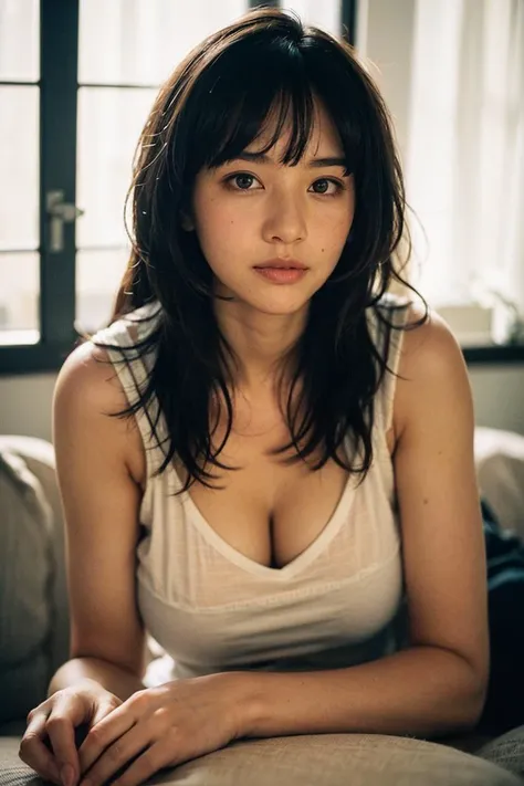 (RAW photo, best quality), (realistic, photo-realistic:1.3), extremely delicate and beautiful, Amazing, finely detail, masterpiece, ultra-detailed, highres,best illustration, best shadow,intricate,depth of field, 1girl,(long legs:1.4),long hair,messy hair,((((low key,dark scene,dimly lit)))),fat,(((soft lighting:1.4))), (shy smile), sharp focus, volumetric fog, 8k UHD, DSLR, high quality,( film grain:1.4), Fujifilm XT3 <lora:amIReal_V2:1> <lora:FilmG2:1>
