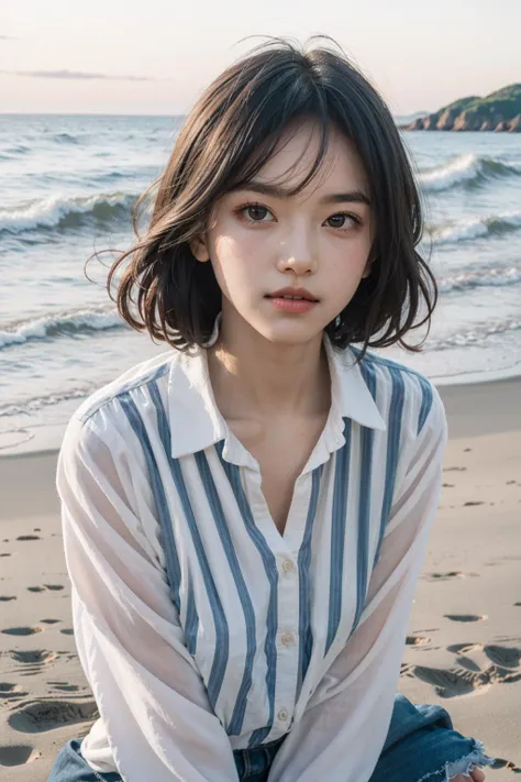 Coastal beauty, 1 girl, (short hair), school uniform, (big eyes, thin face, white skin, carefree expression), beach background, lighthouse, soft sea breeze, playful pose, dynamic composition, blurred background, rich colors, fine details, 50mm lens, relaxed atmosphere. Portrait photography, 35mm film, natural blur beautiful and clear eyes, simple blurred background, extreme detail description, beautiful, charming, super fine painting, delicate face, delicate figure, fine collarbone, cute lips, (8k, RAW photo, best quality, masterpiece: 1.2), (realistic, photorealistic photo: 1.37), holding a teddy bear in both hands