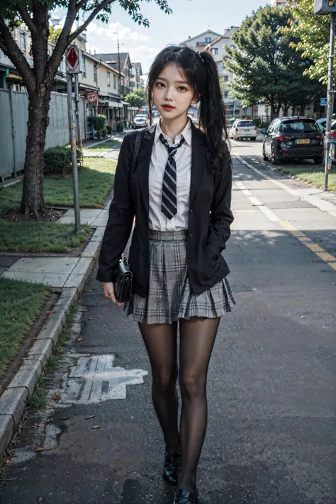 (photorealistic:1.4),8k,1girl, (masterpiece), best quality, highest quality, (detailed face:1.5),original,highres, unparalleled masterpiece, ultra realistic 8k, perfect artwork, ((perfect female figure)),mature female, milf, narrow waist, skinny,detailed skin, solo, pantyhose, skirt, jacket, school uniform, twintails, white background, bag, shoes, black pantyhose, simple background, black footwear, loafers, blazer, full body, standing, cardigan, plaid, school bag, necktie, pleated skirt, standing on one leg, brown eyes, long hair, black hair, low twintails, sleeves past wrists, long sleeves, plaid skirt, bangs, black jacket, miniskirt, shirt, open clothes, black skirt, collared shirt,high school, school , school gate, street,afternoon,nature light,outdoors, tree, bus stop,200 mm,low position,lens flare, <lora:nwsjmajic-05:0.5>, <lora:koreanDollLikeness_v10:0.1>, <lora:20d_new:0.2>, <lora:AV_Suzumura:0.5>, <lora:FilmG3:0.7>