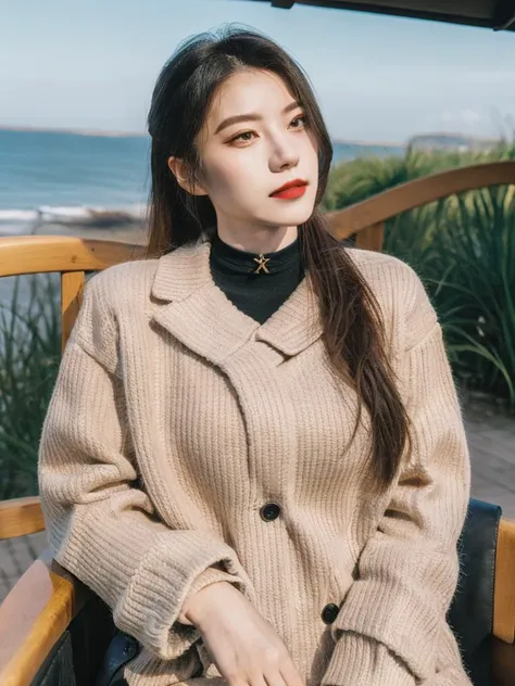 1girl, long colorful long ponytail hair, looking at viewer ,big breasts, (upper body:1.2), <lora:FilmG3:0.9>,filmg,winter, Taking a horse-drawn carriage ride., Ocean BlueLace teddy, thigh-high boots, choker necklace, fishnet stockings. and long coat,