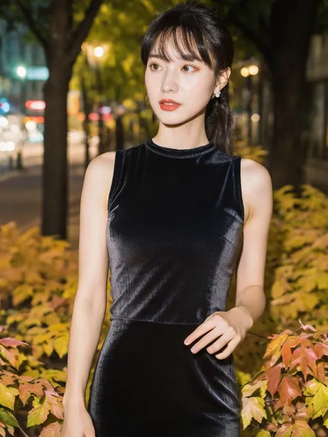 1girl, long colorful side ponytail with bangs, looking at viewer ,big breasts, (upper body:1.2), <lora:FilmG3:0.9>,filmg, Autumn, Going on a ghost tour of the city.,Pastel Gray A black velvet bodycon dress with silver statement earrings.,