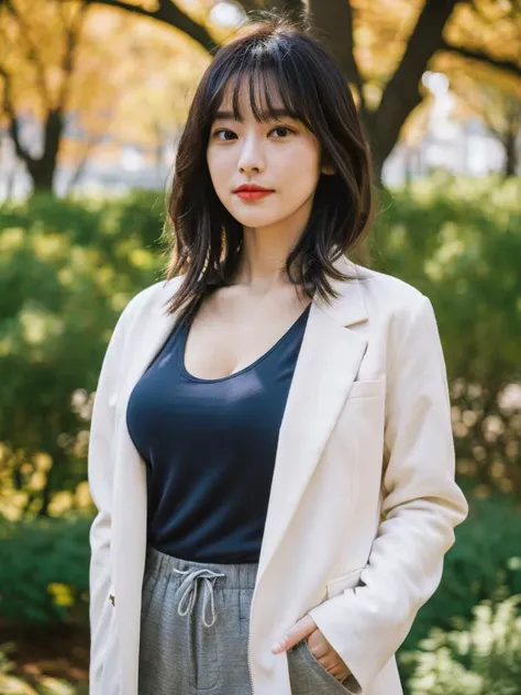 1girl, long colorful side ponytail with bangs, looking at viewer ,big breasts, (upper body:1.2), <lora:FilmG3:0.9>,filmg, Autumn, Watching leaves fall in a quiet street.,Pastel Red A white blazer with matching trousers and a black camisole.,
