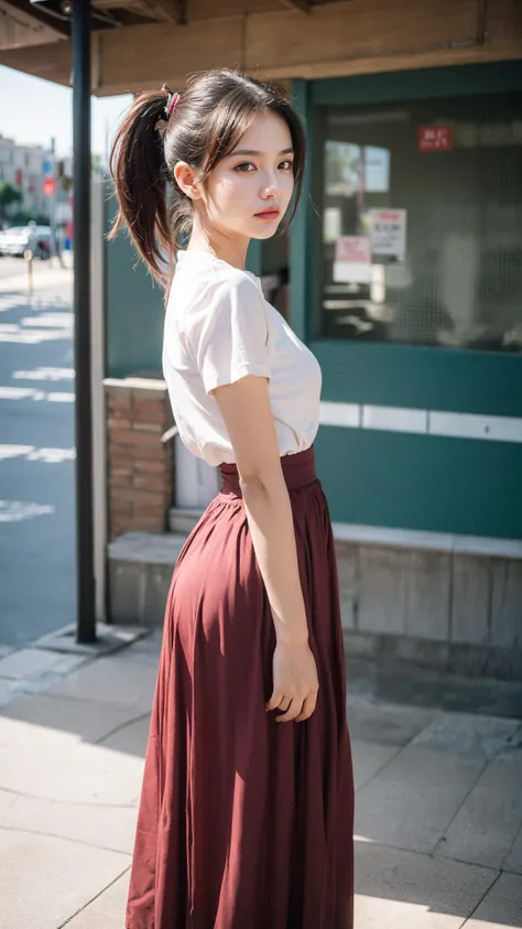 cowboy shot,bokeh:1.2, (small_head), outdoors, 1980s \(style\), beijing, China, vintage details, streetscape of beijing in 1980s, no make up,
1 girl,fit, solo, (1980s dress, (long skirt:1.2)), short sleeves,
medium_breasts:1.2, black_hair, floating_hair, ponytail, tiny_waist, realistic_detailed_skin_texture, good hands, good feet, <lora:koreanDollLikeness:0.35>, <lora:ChineseDollLikeness2.0:0.35>, This scene should be captured on 35mm film, with a beautiful depth of field and a slightly blurry, nostalgic background, film portrait photography, 35mm film, filmg, <lora:FilmG3:0.7>,
(8k, RAW photo, best quality, masterpiece:1.2), (realistic, photo-realistic:1.37), ultra high res, photon mapping, radiosity, ((Hasselblad photography)),physically-based rendering, professional soft lighting, light on face,<lora:GoodHands-beta2:1.3>,