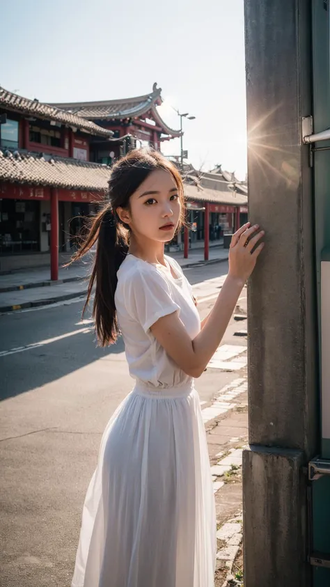 cowboy shot, bokeh:1.2, (small_head), outdoors, 1980s \(style\), beijing, China, vintage details, streetscape of beijing in 1980s, 
1 girl,fit, solo,  dress, (long skirt:1.2), short sleeves, 
medium_breasts:1.2, black_hair, floating_hair,  ponytail,  tiny_waist, realistic_detailed_skin_texture,  good hands, good feet,  <lora:koreanDollLikeness:0.35>, This scene should be captured on 35mm film, with a beautiful depth of field and a slightly blurry, nostalgic background, film portrait photography, 35mm film, filmg, <lora:FilmG3:0.7>, 
(8k, RAW photo, best quality, masterpiece:1.2), (realistic, photo-realistic:1.37), ultra high res, photon mapping, radiosity, ((Hasselblad photography)),physically-based rendering, professional soft lighting, light on face,<lora:GoodHands-beta2:1.3>,