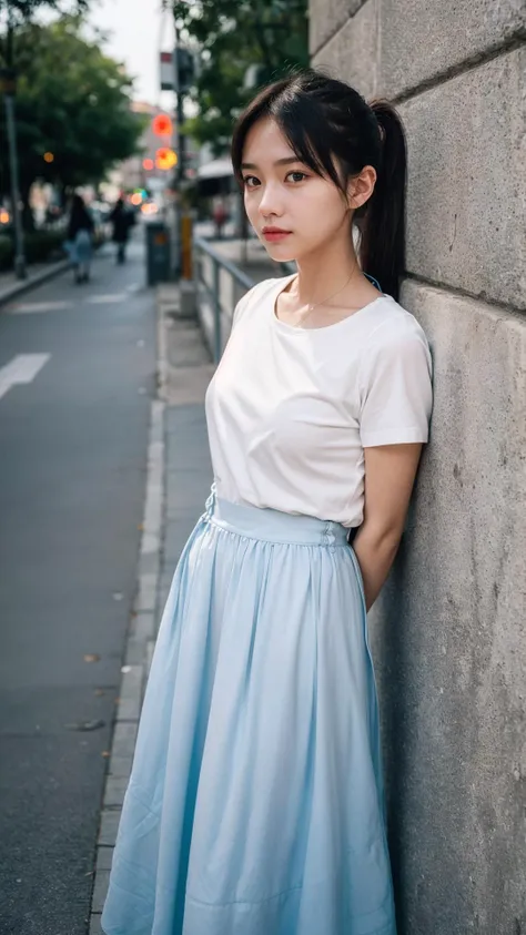 cowboy shot,bokeh:1.2, (small_head), outdoors, 1980s \(style\), beijing, China, vintage details, streetscape of beijing in 1980s, 
1 girl,fit, solo,  (1980s dress, (long skirt:1.2)), short sleeves, 
medium_breasts:1.2, black_hair, floating_hair,  ponytail,  tiny_waist, realistic_detailed_skin_texture,  good hands, good feet,  <lora:koreanDollLikeness:0.35>, <lora:ChineseDollLikeness2.0:0.35>, This scene should be captured on 35mm film, with a beautiful depth of field and a slightly blurry, nostalgic background, film portrait photography, 35mm film, filmg, <lora:FilmG3:0.7>, 
(8k, RAW photo, best quality, masterpiece:1.2), (realistic, photo-realistic:1.37), ultra high res, photon mapping, radiosity, ((Hasselblad photography)),physically-based rendering, professional soft lighting, light on face,<lora:GoodHands-beta2:1.3>,