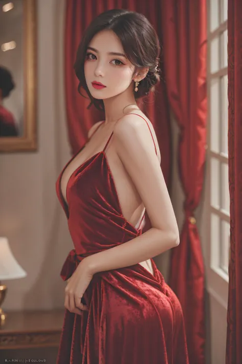 8K ultra hd, masterpiece, a girl, beautiful face, detailed eyes, detailed lip, very long hai, red robe dress, sexy robe dress, high light, sunny weather, blur effect, whole body capture