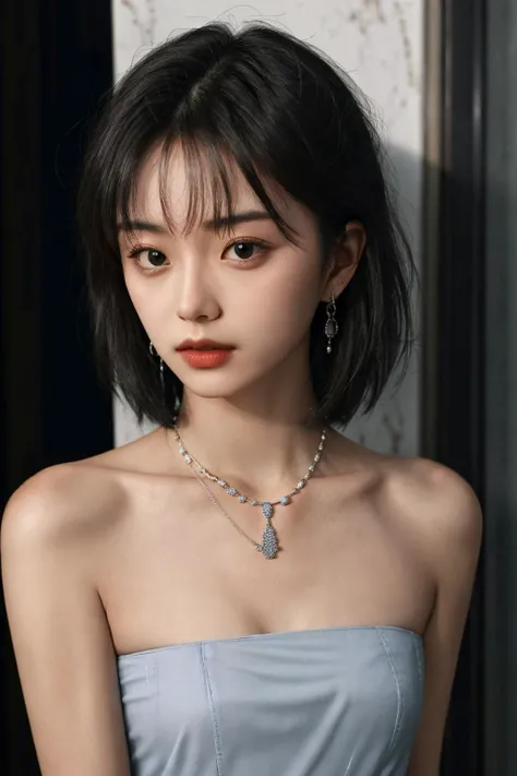 ((top-quality、8K、masterpiece:1.3))、Cinematic,1 Japan person model、Wistful expression、full body Esbian、Slim Faces、bvery pretty woman、Light makeup,(dark brown hair,so short hair)、very very gigantic boobs,see through dress、hyperdetailed face、A detailed eye、Black eyes,Elaborate necklaces,Large and elaborate earrings,blured background,Bracelet、Dark room by candlelight.