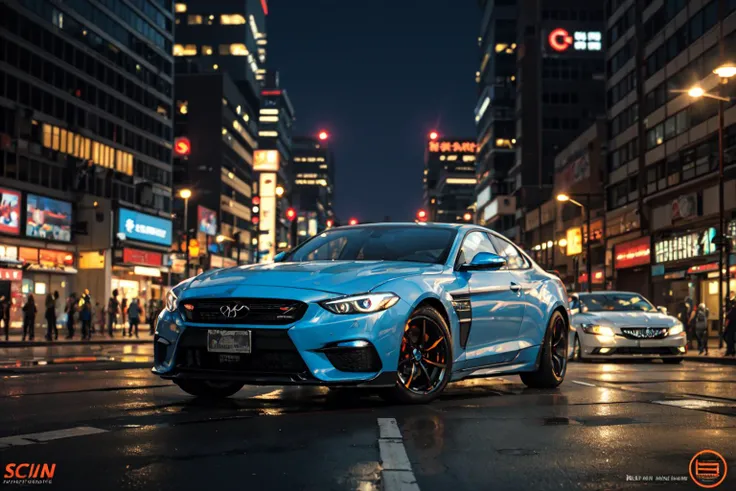hyper realistic,metal,professional photo of a futuristic muscle car with multiple modifications, large wheels, driving, cybernetic hood, cyber car parts, front pop up headlights, science fiction, sci-fi scenario, night, natural light, cyberpunk, futuristic city, cyberpunk city, neon signs, highly detailed, (highly detailed background), multiple buildings in the background, detailed textures, wide angle, 8k, HDR, professional photoshoot, high quality photo, realistic photo, realistic shadows, detailed shadows, realistic proportions,film grain, raw photo,(front), <lora:Velvia1:0.4>