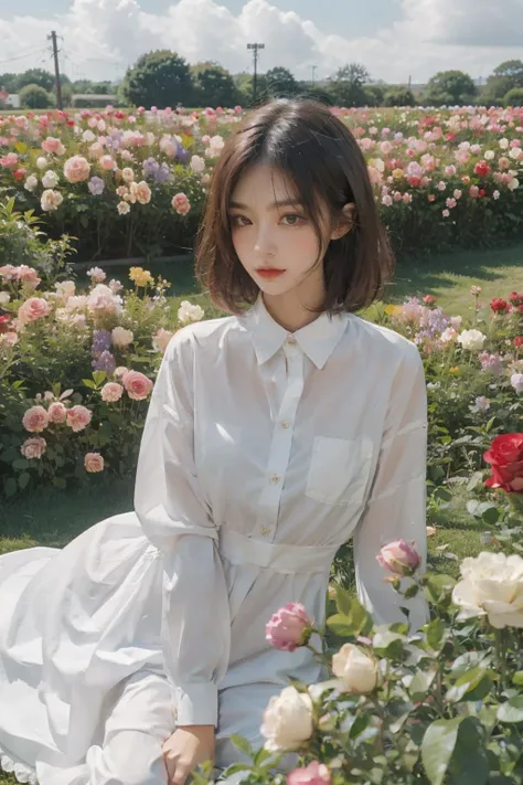 Poetic lens,obscure light and shadow,aestheticism,somber film,1girl,emotional depth,dress shirt,flower,flower field,roses,bloom,<lora:Asian girls faceV2:0.5:face> <lora:FilmVelvia2:0.3>