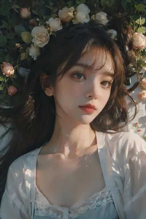 Poetic lens,obscure light and shadow,aestheticism,somber film,1girl,emotional depth,dress shirt,flower,flower field,roses,bloom,<lora:Asian girls faceV2:0.5:face> <lora:FilmVelvia2:0.3>