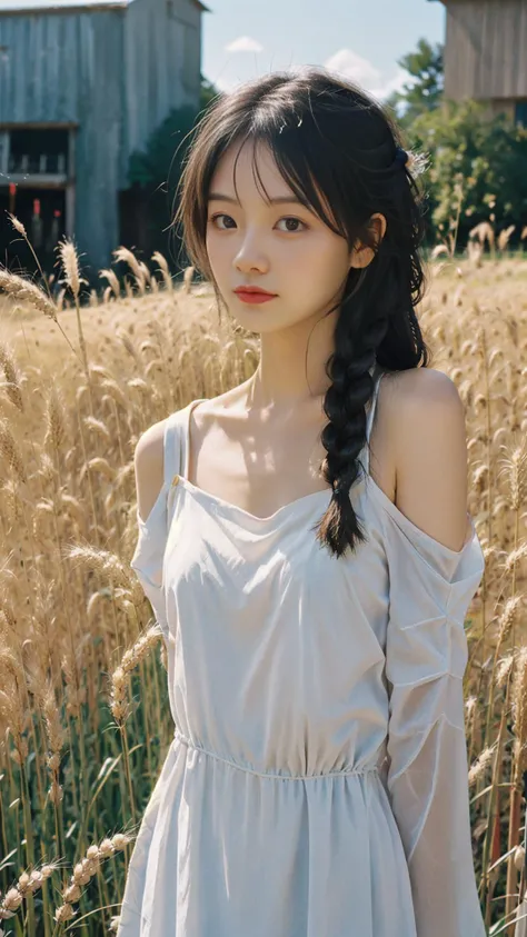 young 1girl with braided hair and fluffy cat ears, dressed in Off-Shoulder Sundress, standing in a rustic farm setting. She has a soft, gentle smile, expressive eyes and sexy cleavage. The background features a charming barn, fields of golden wheat, and a clear blue sky. The composition should be bathed in the warm, golden hour light, with a gentle depth of field and soft bokeh to accentuate the pastoral serenity. Capture the image as if it were taken on an old-school 35mm film for added charm, looking at viewer, <lora:FilmVelvia2:1>