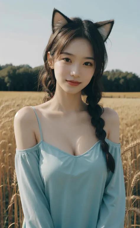 one woman、cute face、Rin々new expression、Japanese、charming eyes、Cream hair、french braid、、gray eyes、camisole dress、blue outerwear、outdoor、Rinとした佇まい、Wheat field,((小さい胸)),(痩せている),(細い腰),