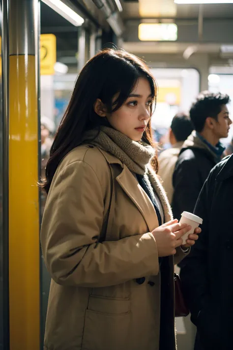 masterpiece,best quality,photorealistic,lifelike rendering,1girl,chestnut,cowboy shot,side view,evening,night shot,a girl inside a subway station,subway train passing behind her,motion blur,film grain:1.2,winter jacket,scarf,Radiant Comfort, Golden Hour, Cozy Ambiance
<lora:FilmVelvia3:0.6>