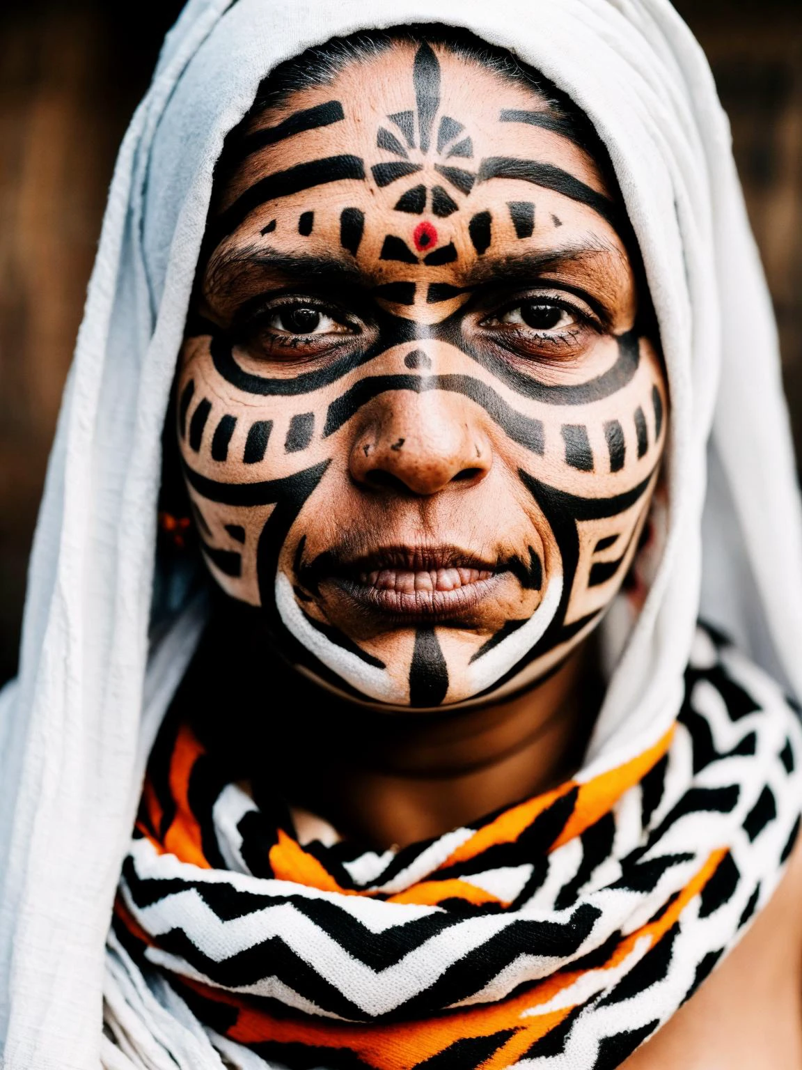 close-portrait, mature adult female, traditional facial tattoos, cultural markings, intense gaze, emotional depth, worn look, white patterned headscarf, tribal identity, indigenous, weathered skin, cultural heritage,best quality,masterpiece,