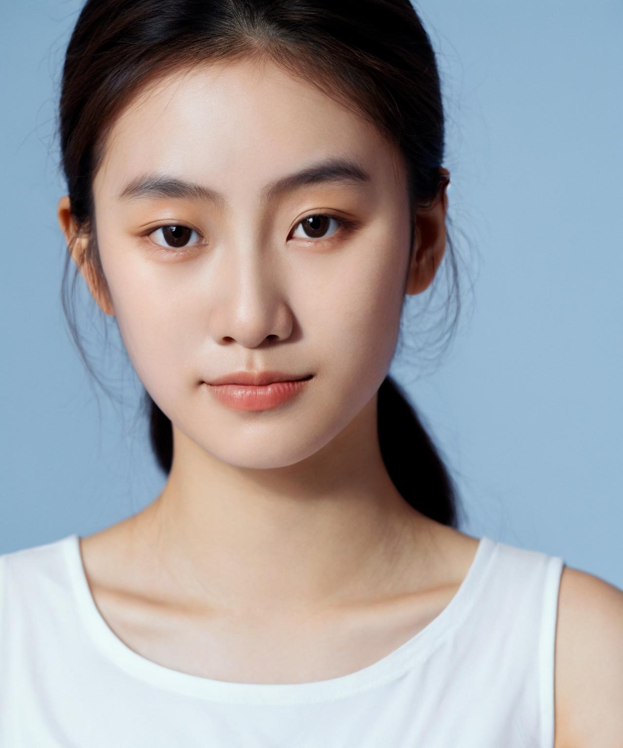 A close up of a woman with a white shirt and a blue background - SeaArt AI