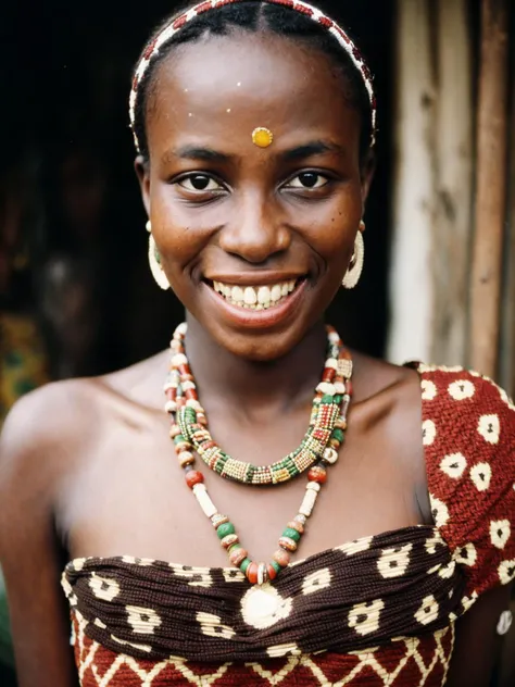 film grain analog photography,african woman, wide-eyed expression, joyful, masterpieces, surprised, open-mouthed smile, traditional necklaces, beaded jewelry, patterned garments, polka dots, cultural attire, warm tones,