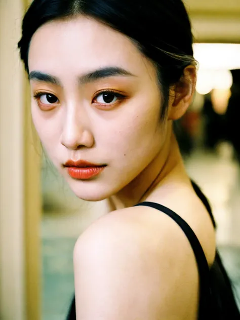 captured candid moment, young asian woman glances shoulder, expression mix surprise curiosity, lips parted mid-sentence, dark eyes wide bright naturally arched eyebrows, skin luminous fair, hint rouge cheeks, echoing vi,best quality,masterpiece,