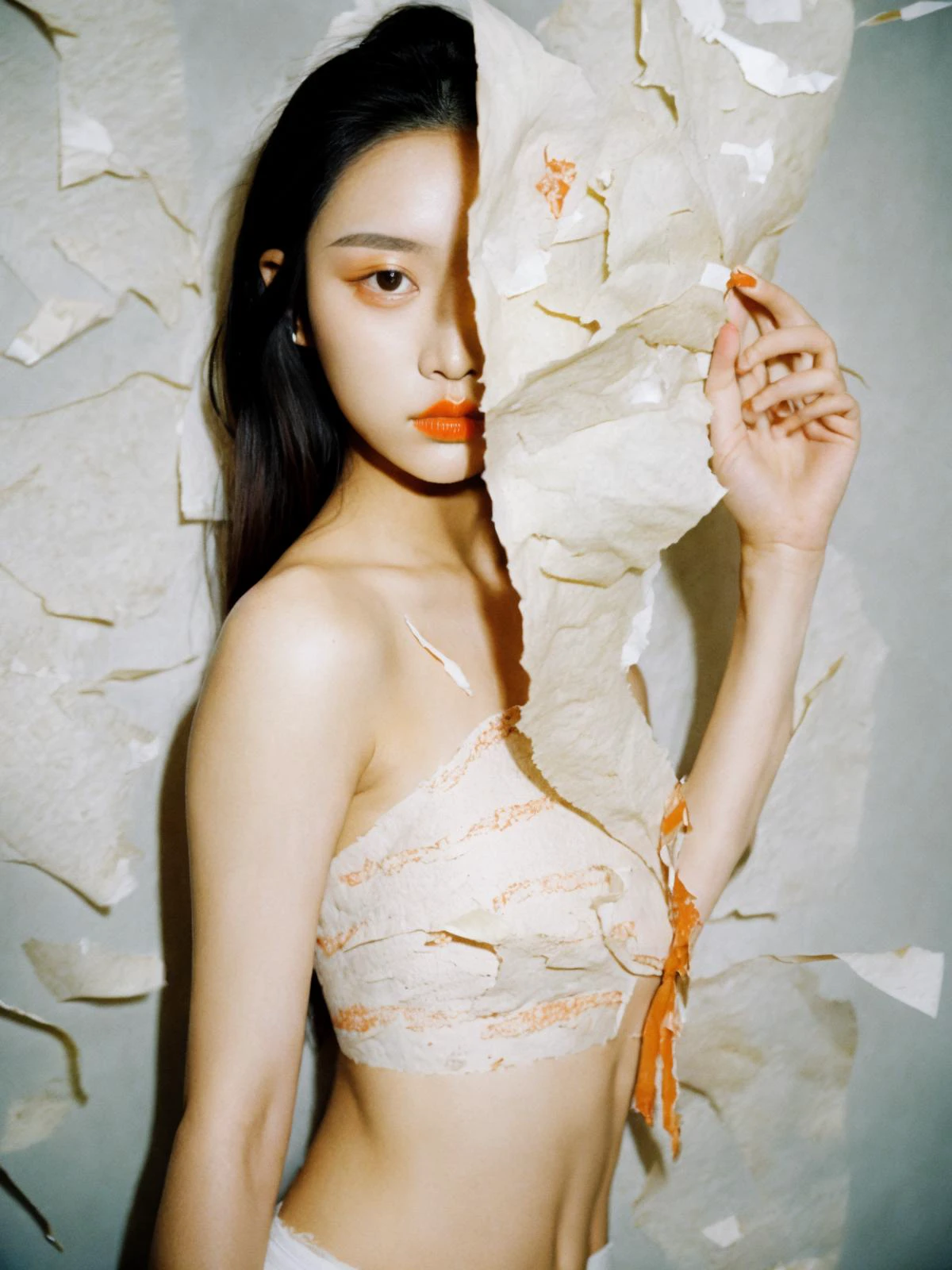 film grain analog photography,best quality, 1girl, asian woman flower hair torn paper background, well-groomed model, keyhole, white orange, action pose, popular korean makeup, diamond skin, girl' photo,,