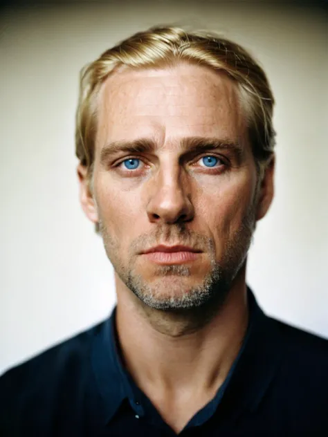 film grain analog photography,frame, middle-aged caucasian male shoulder-length, light blonde hair day' stubble, gazes intently towards camera, piercing blue eyes conveying somber reflective mood, furrowed brows suggesting moments contemplation,