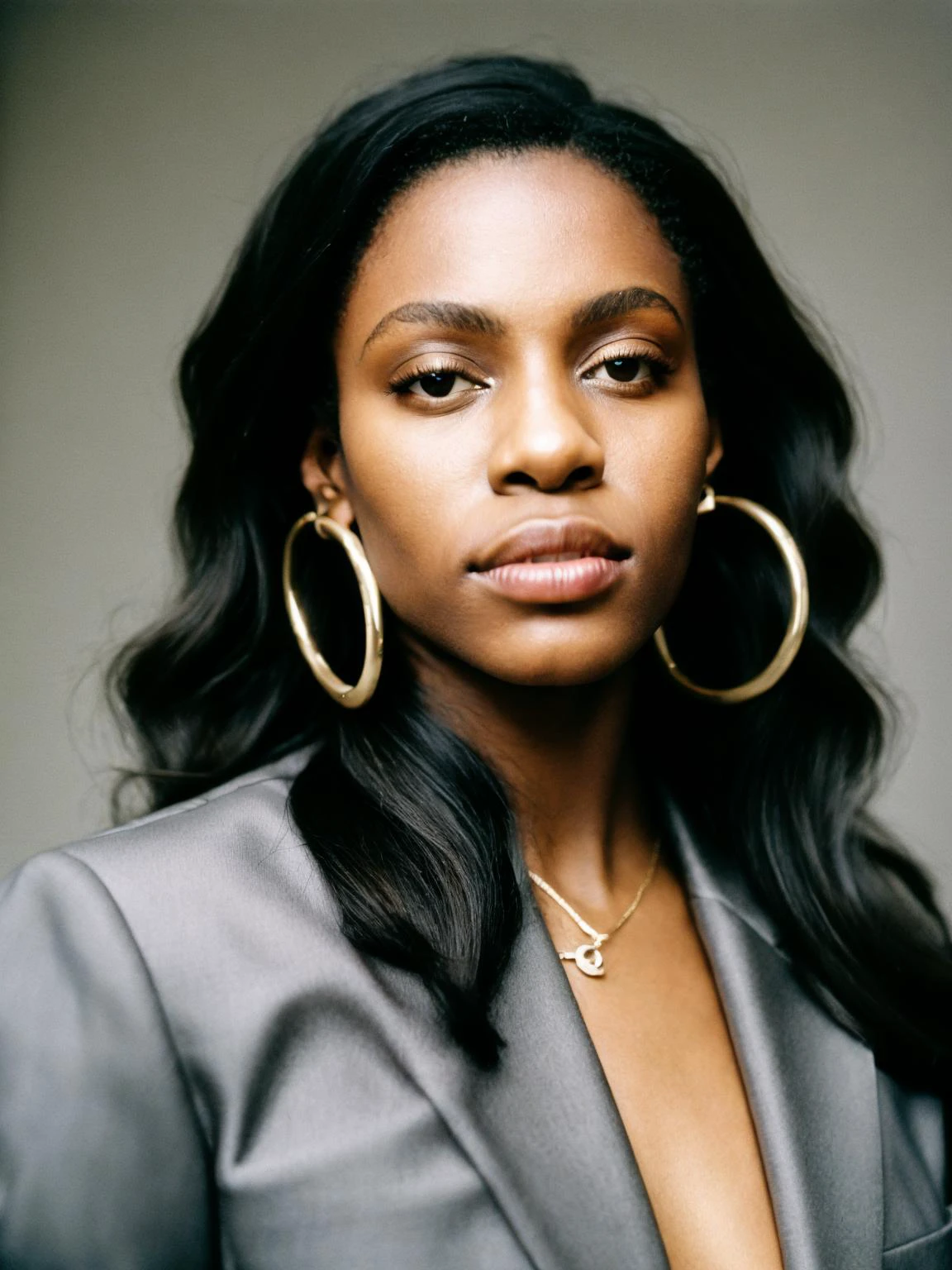 film grain analog photography,portrait photography, close-shot, african american woman, neutral expression, soft lighting, natural makeup, subtle smokey eye, glossy lips, hoop earrings, gray blazer, professional look, hair pulled,