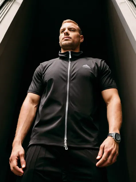 low-angle perspective capturing tall, toned man, gazing upwards confidently, adorned dark casual sportswear, short-sleeved, zippered jacket, loose trousers, masterpieces, smartwatch encirc,best quality,masterpiece,