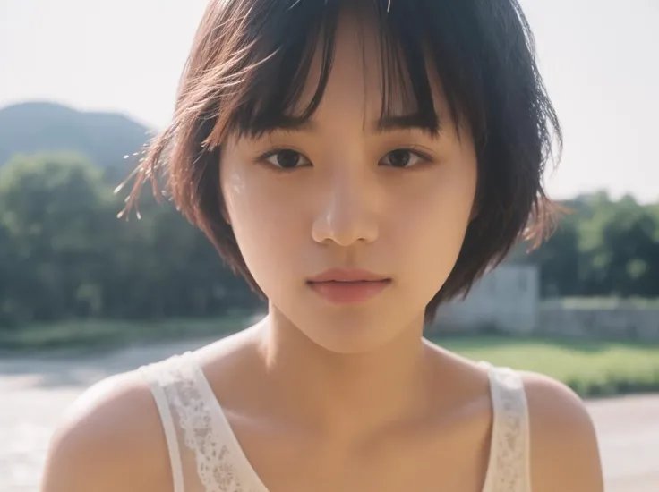 1girl, solo, masterpiece, outdoor, colourful, realistic skin, charming brown eyes, looking at viewer, (18 years old:1.2), student, beautiful, cute,  (perfect body:1.2), (realistic anatomy:1.2), japanese idol, (kpop idol:1.2), (fluffy short hair:1.1), Portrait, realistic photo, RAW photo, 4k, Fujiflim, film grain, (Cinematic Lighting:1.4), ray tracing, (perfect pose:1.2), hyper detail, finely detailed, intricate details, dolby vision
