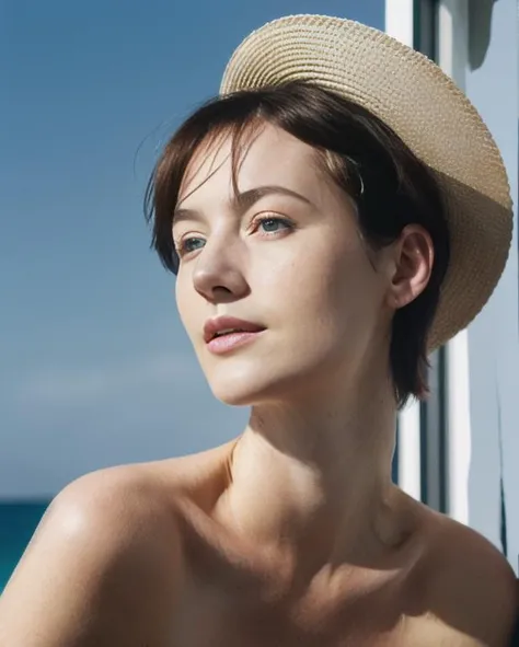 (Ailis Muirn Dara),fashion photography portrait of 1girl, offshoulder,red head,freckles,green eyes, fluffy short hair, in the dark, shadow, low key, (photorealistic, raw photo:1.2), (natural skin texture, realistic eye and face details), CANNON, soft light, rim light, ultra high res, Best quality, masterpiece,flat chest, (cleavage:0.8),balcont,<lora:FilmgirlLora_v30:.7>