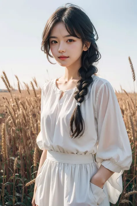 A girl dressed in a cute, country-style dress with braided hair, standing in a rustic farm setting. She has a soft, gentle smile and expressive eyes. The background features a charming barn, fields of golden wheat, and a clear blue sky. The composition should be bathed in the warm, golden hour light, with a gentle depth of field and soft bokeh to accentuate the pastoral serenity. Capture the image as if it were taken on an old-school 35mm film for added charm. film portrait photography, 35mm film, filmg, <lora:FilmG3:0.65>