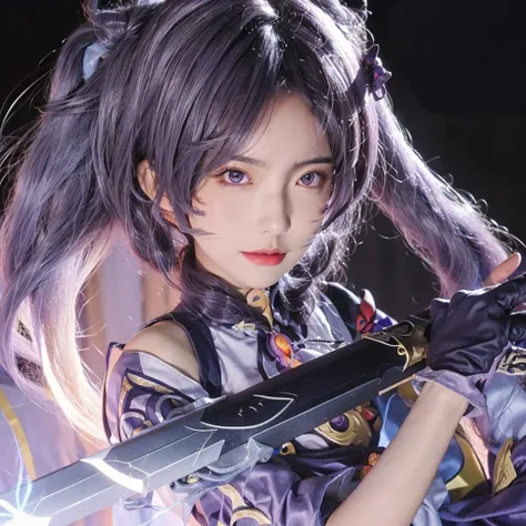 masterpiece, best quality, detailed, depth of field, ultra realistic, photorealistic, realistic face and eyes, realistic skin texture, cinematic lighting, ulzzang-6500, Tyndall effect, sword, blank background, (looking to viewer), eyes looking to viewer.
<lora:keqing:0.8>, 1girl, (frown, closed mouth), keqing_\(genshin_impact\), purple_eyes, purple hair, twintails, sharp eyes, serious face, gloves, hands holding sword, lightning glowing sword, purple lightning,
<lora:faceA-05:0.5:FACE>, <lora:mix4:0.1:FACE>, <lora:FilmG3:0.6>, filmg