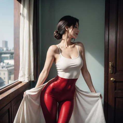 Best quality, masterpiece, ultra high res, (photorealistic, film grain, ultra sharp image, skin texture, detailed skin, smooth skin:1.4), 1girl,  shadow, realistic eye, look at viewer, (smile) , (large breasts: 1.6) , <lora:FilmG2:0.6>, A young, beautiful female is wearing a red dress which matches perfectly with her red earrings. She wears white sneakers that compliment her ankle-length red leggings. She is walking on a sunny boulevard.
