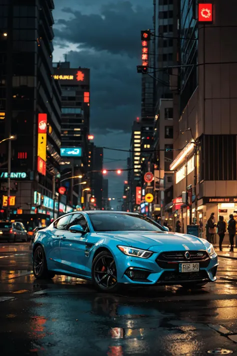 hyper realistic,metal,professional photo of a futuristic muscle car with multiple modifications, large wheels, driving, cybernetic hood, cyber car parts, front pop up headlights, science fiction, sci-fi scenario, (night), natural light, cyberpunk, futuristic city, cyberpunk city, neon signs, highly detailed, (highly detailed background), multiple buildings in the background, detailed textures, wide angle, 8k, HDR, professional photoshoot, high quality photo, realistic photo, realistic shadows, detailed shadows, realistic proportions,film grain, raw photo,(front), <lora:Velvia1:0.4>