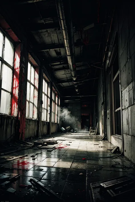 ((Best quality)), ((masterpiece)), abandoned brutalist architecture of Pripyat,(blood rain),  hyper realistic DSLR photo, Nikon D5 <lora:add_detail:1>,black,dark,mist,horror,(resident evil), <lora:Velvia1:0.35>, <lora:LowRA:0.15>