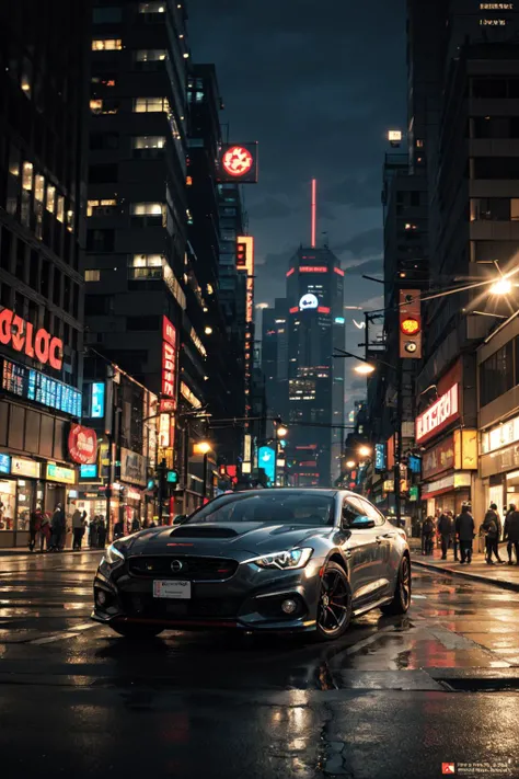 hyper realistic,metal,sharp,professional photo of a futuristic muscle car with multiple modifications, large wheels, driving, cybernetic hood, cyber car parts, front pop up headlights, science fiction, sci-fi scenario, (night), natural light, cyberpunk, futuristic city, cyberpunk city, neon signs, highly detailed, (highly detailed background), multiple buildings in the background, detailed textures, wide angle, 8k, HDR, professional photoshoot, high quality photo, realistic photo, realistic shadows, detailed shadows, realistic proportions,film grain, raw photo, <lora:Velvia1:0.35>, <lora:LowRA:0.15>