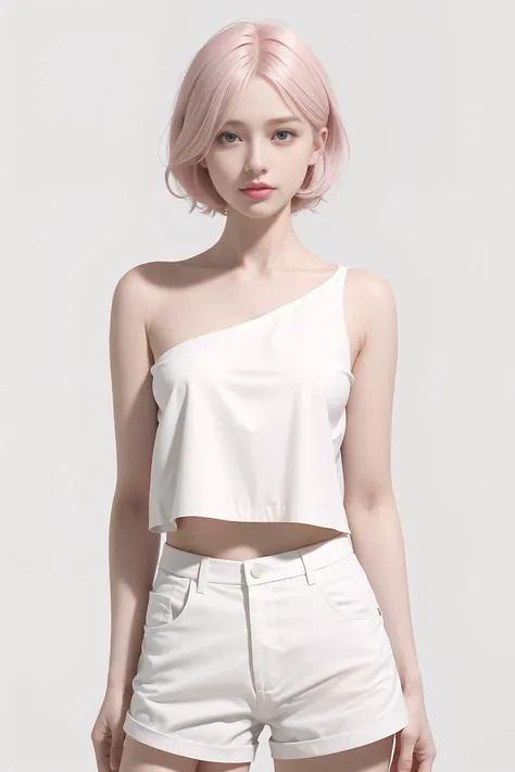 (8k, best quality, masterpiece, ultra highres:1.2),Realistic image style,Vertical orientation, Girl,White short hair,Shoulder-length, tousled White blossom pink hair,Clothing,In front of the camera,Standing position,Slight smile on her face, 8k, best quality, Realistic image style,Vertical orientation,Girl, White short hair,Minimalist futuristic style,Clothing,In front of the camera,Standing position
