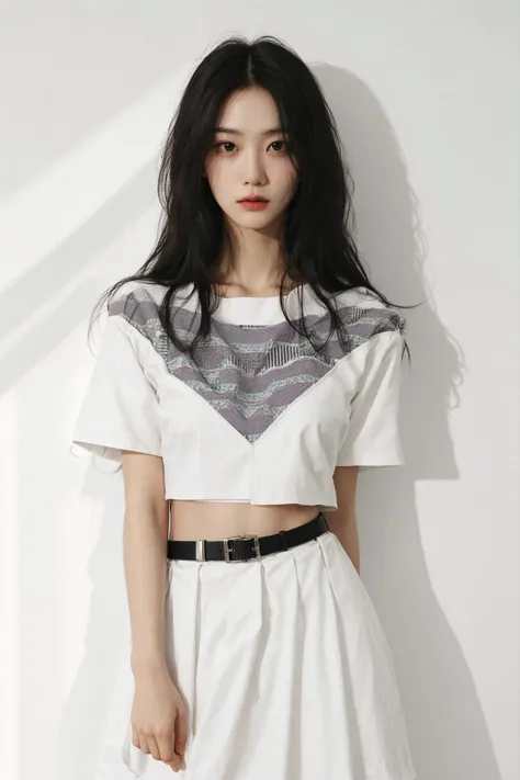 Clean and neat short-sleeved top and skirt, Masterpiece, premium quality, a girl, solo performance, stylish cropped top, Black fluffy long hair, Gorgeous black hair, The face is symmetrical and looking directly at the camera, powerful expression, energetic asymmetrical layout, striking geometric patterns, imaginative street art, (interplay of sunlight and shadows:1.3), (Pure white background:1.2)<lora:FilmVelvia2:0.6>