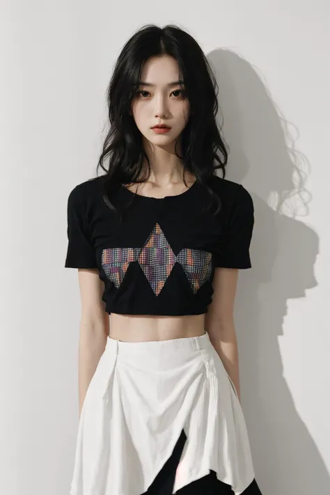 Clean and neat short-sleeved top and skirt,  Masterpiece, premium quality, a girl, solo performance, stylish cropped top, Black fluffy long hair, Gorgeous black hair, The face is symmetrical and looking directly at the camera, powerful expression, energetic asymmetrical layout, striking geometric patterns, imaginative street art, (interplay of sunlight and shadows:1.3), (Pure white background:1.2)<lora:FilmVelvia2:0.6>