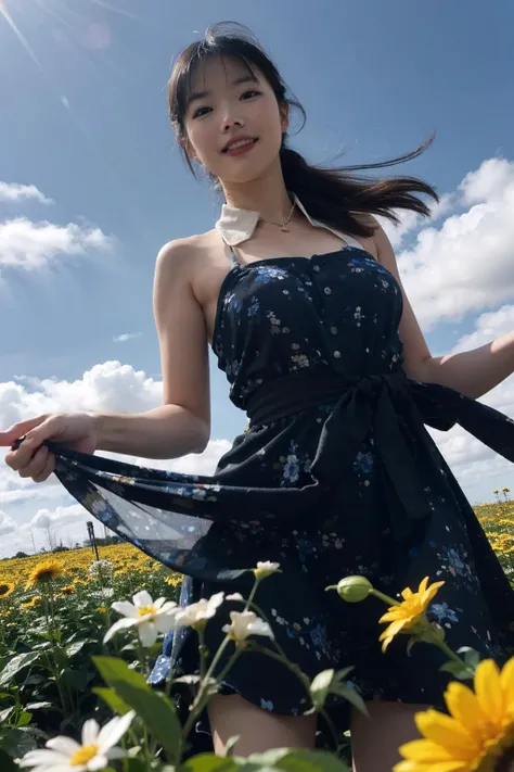 best quality,masterpiece,(photorealistic:1.4),1girl,light smile,shirt with collars,waist up,dramatic lighting,from below,outdoor,mature female,looking at viewer,updo haircut,curvy,short sundress,flower field,blue sky,complex background,beautiful lighting,deep shadow,best quality,masterpiece,ultra highres,photorealistic,<lora:XM_1_1:0.9>