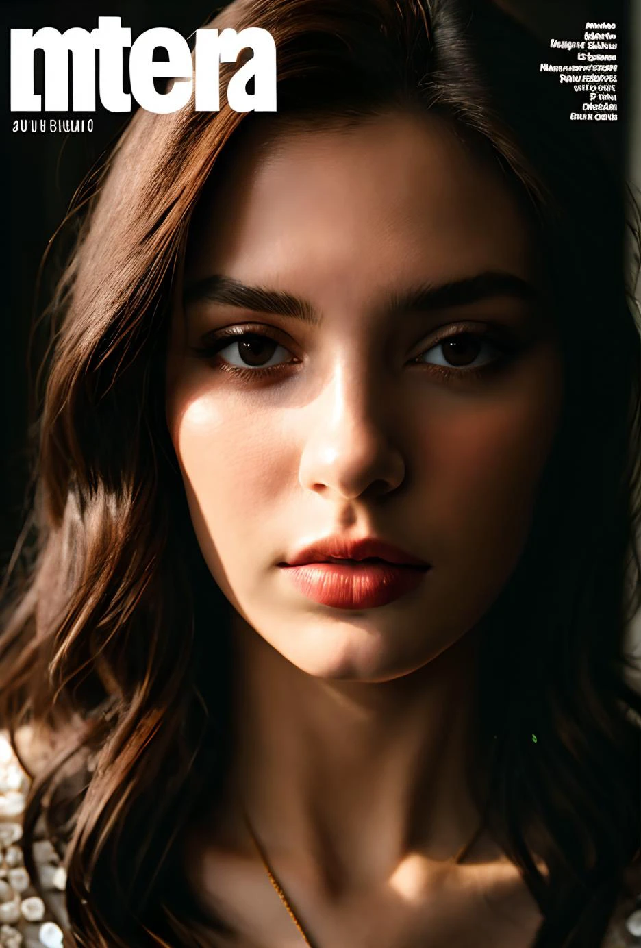a beautiful girl,bust,close-up,looking_at_viewer,incredibly absurdres,wallpaper,Cinematic Lighting,moody lighting,(foral_background:1.2),no bangs,long face,fashion magazine cover,master photography,realistic,