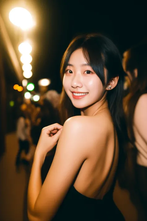 full shot, film grain and Fujifilm XT3,(A flash photography photo) of (a 18 year old cute Japanese woman:1.25),A young, beautiful Korean woman with straight black hair is smiling and posing for the camera in an open-back LAATEX dress in front of many people at a nightclub. The photo was taken on Kodak film using flash photography, and there is lens flare from a street lamp outside the window. She has glittering gold rhinestones all over her chest.