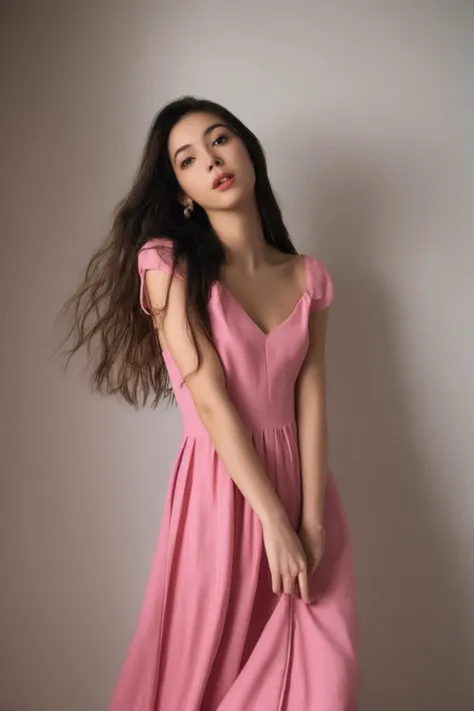 1girl,solo,long hair,pink dress,upper body,simple background,