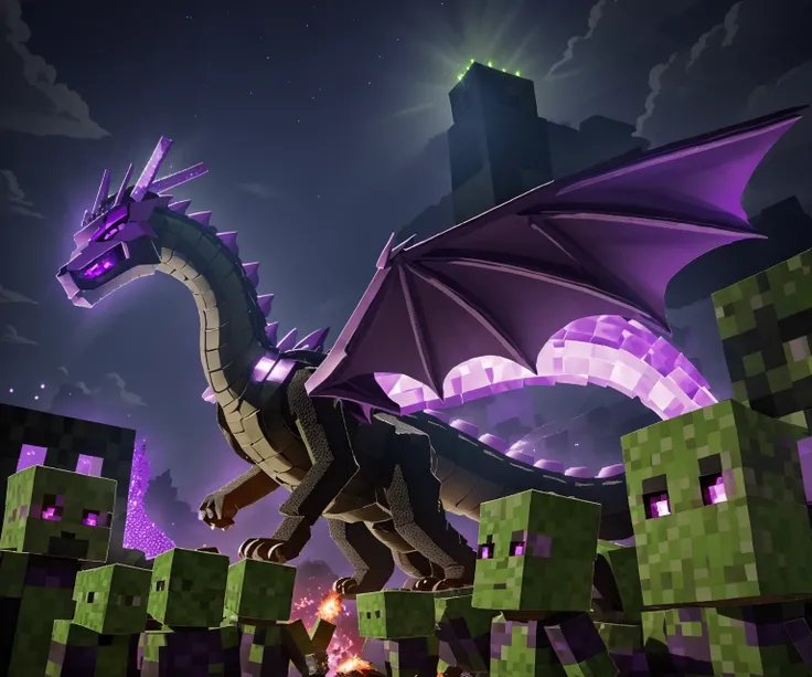 <lora:Creeper:.4><lora:Ender Dragon:.4> Giant (Ender Dragon:1.2) breathing purple fire over an army of (Creeper:1.3)  in a small village at night, high detail, sharp focus, full body, photorealistic, hdr