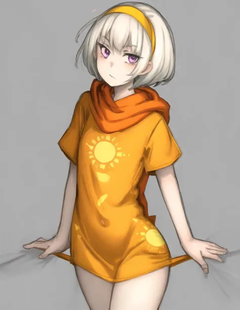 ((anime style)), (rosegdtr) <lora:rosegdtr:0.9>, (sun symbol), light skin, 1girl,solo,looking at viewer,shirt,purple eyes,white hair,hairband, (orange scarf), (simple background, white background, ((orange shirt)), <lora:more_details:0.4>, wide hips, legs, (orange dress), pelvic curtain, short sleeves, legwear, (orange clothes), (print on shirt, printed shirt), (hoodie), <lora:KelvinHiuArtist-20:1>, flat colors, sketch,